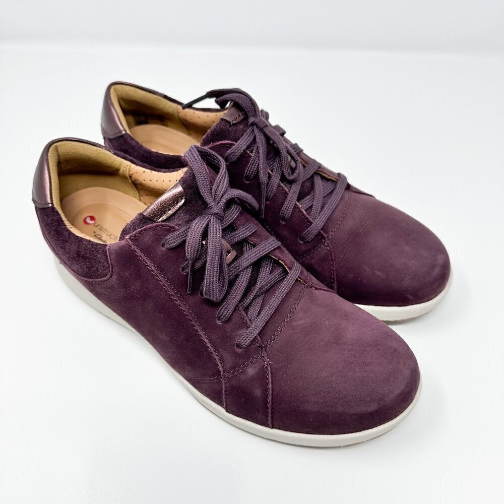 Clarks Womens UnStructured Leather Lace-Up Sneakers Aubergine Size 8